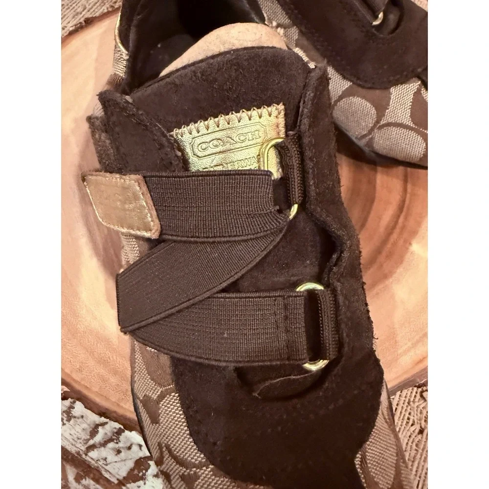 Coach Kyrie Signature Logo Canvas Suede Athletic Sneaker Women's 6.5M Brown Gold